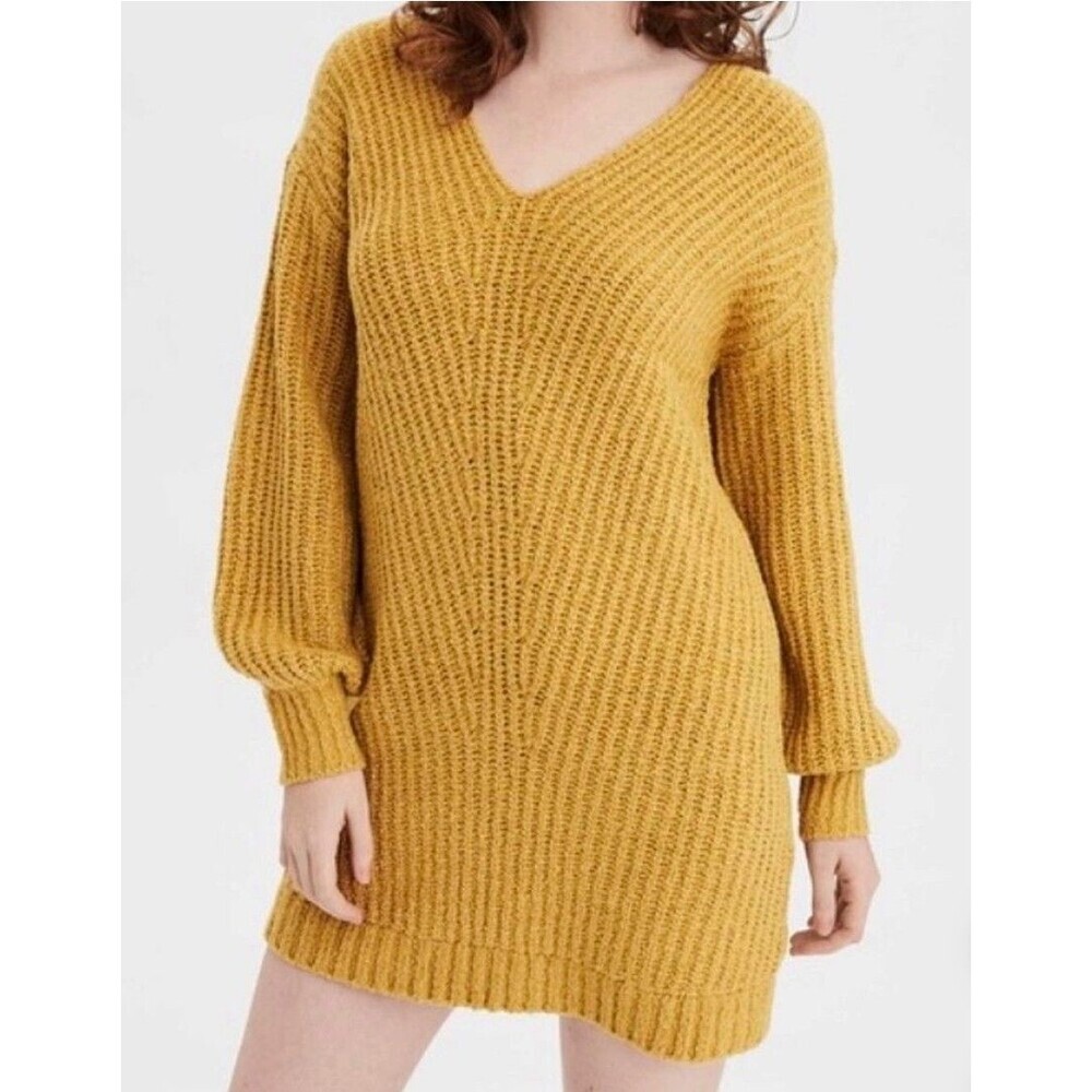 American Eagle Chartreuse Yellow Sweater Dress Tunic V-Neck Pullover Womens XS